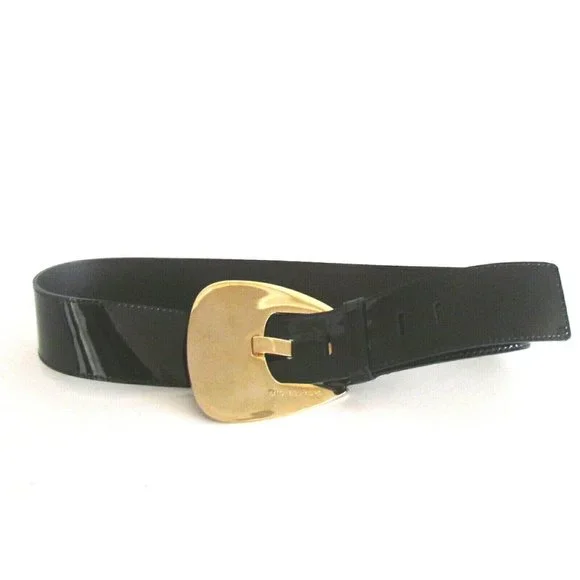 Michael Kors Collection Black Patent Leather Gold Tone Buckle Designer Belt Med